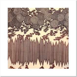 SWIRLS ,LEAVES AND STRIPES Ivory Sepia Brown Geometric Japanese Floral Posters and Art